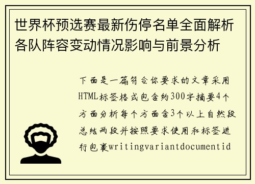 世界杯预选赛最新伤停名单全面解析各队阵容变动情况影响与前景分析